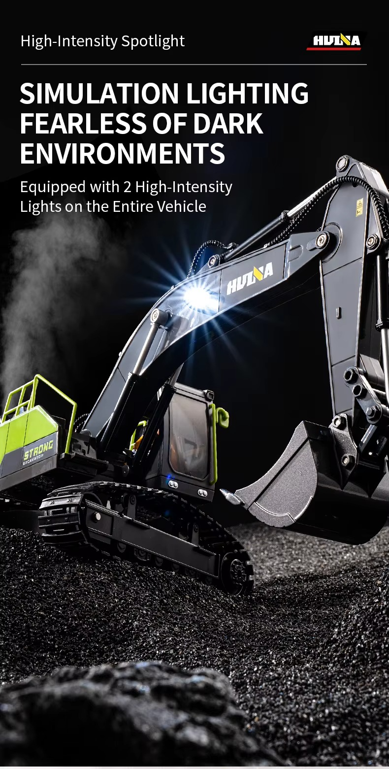 Huina 1661 - 1:18 RC Excavator | 2.4GHz 13CH Semi-Alloy Construction Digger with Alloy Bucket, Realistic Lights & Sound description image 8