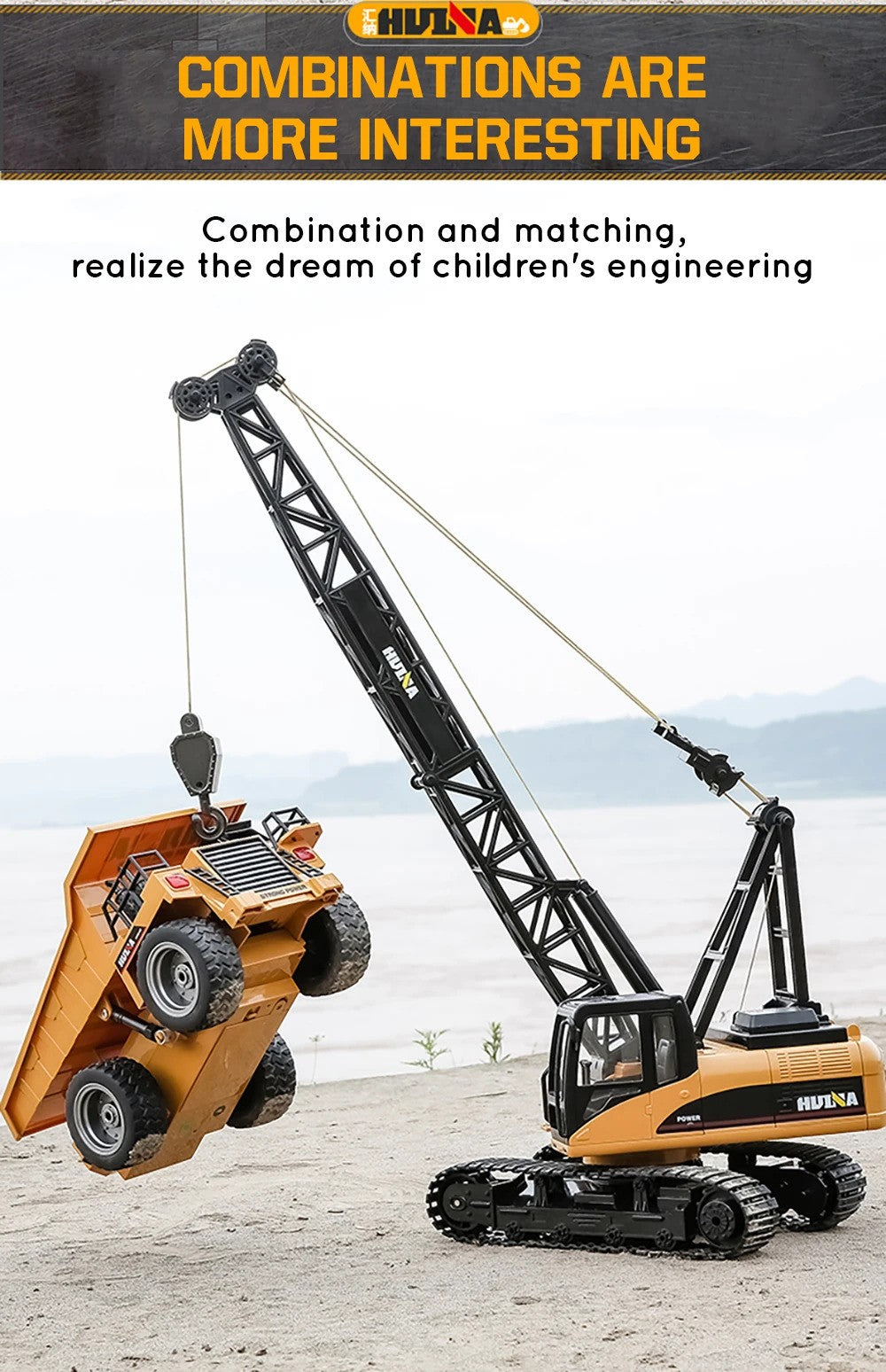 Huina 1572 - 1:14 RC Tracked Crane | 2.4GHz 15CH Alloy Construction Crawler with Grab Hook, Realistic Lights & Sound description image 8