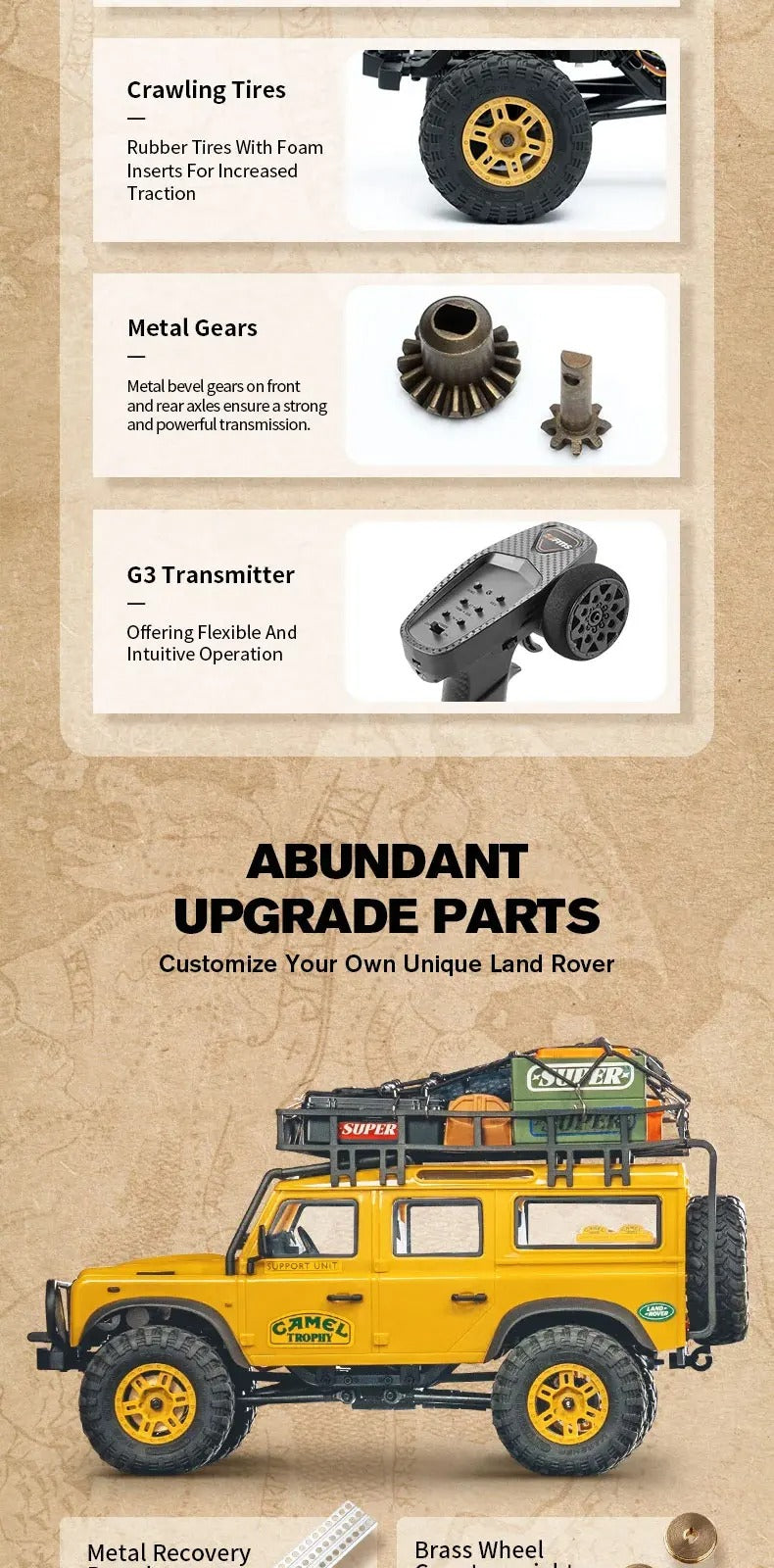 FMS FCX24M - 1:24 Land Rover Range Rover Camel Trophy RC Crawler, 4WD, ABS Hard Body, 050 35T Brushed Motor, 2-Speed Transmission, Metal Chassis Rails, Oil-Filled Shocks, 2.4GHz Radio, 2S Battery description image 8
