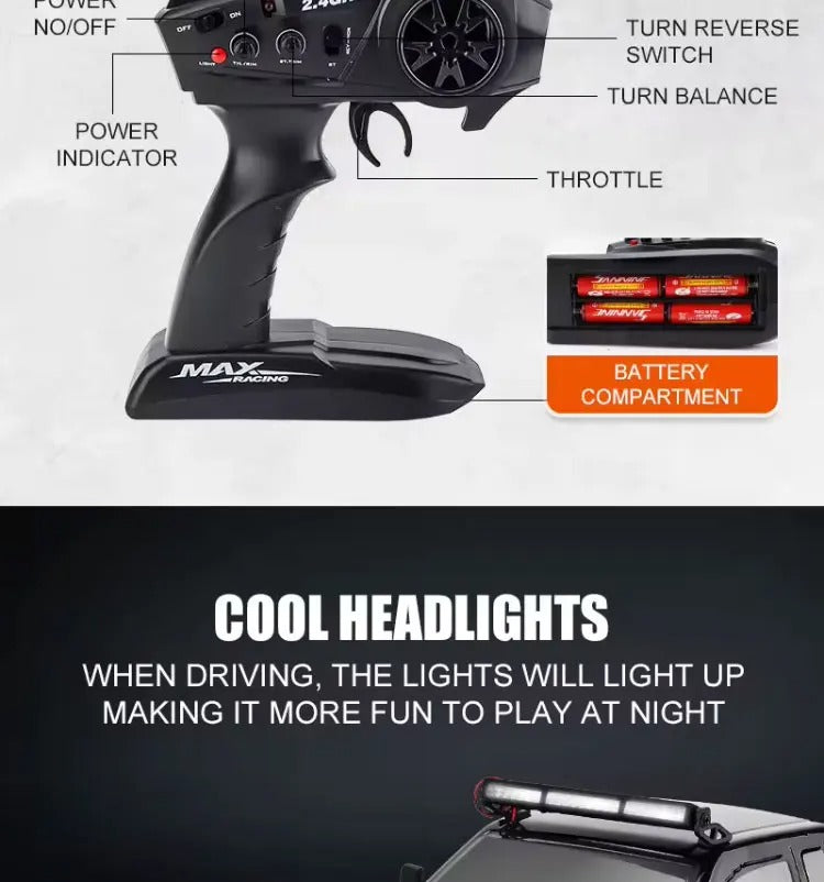 HB Toys HB-ZP1009 - 1:10 Scale 4WD RC Off-Road Climbing Truck, 15 km/h Remote Control Pickup with 540 Brushed Motor, 2.4GHz Control, LED Lights, IPX4 Splash Resistance and 7.4V Battery description image 8