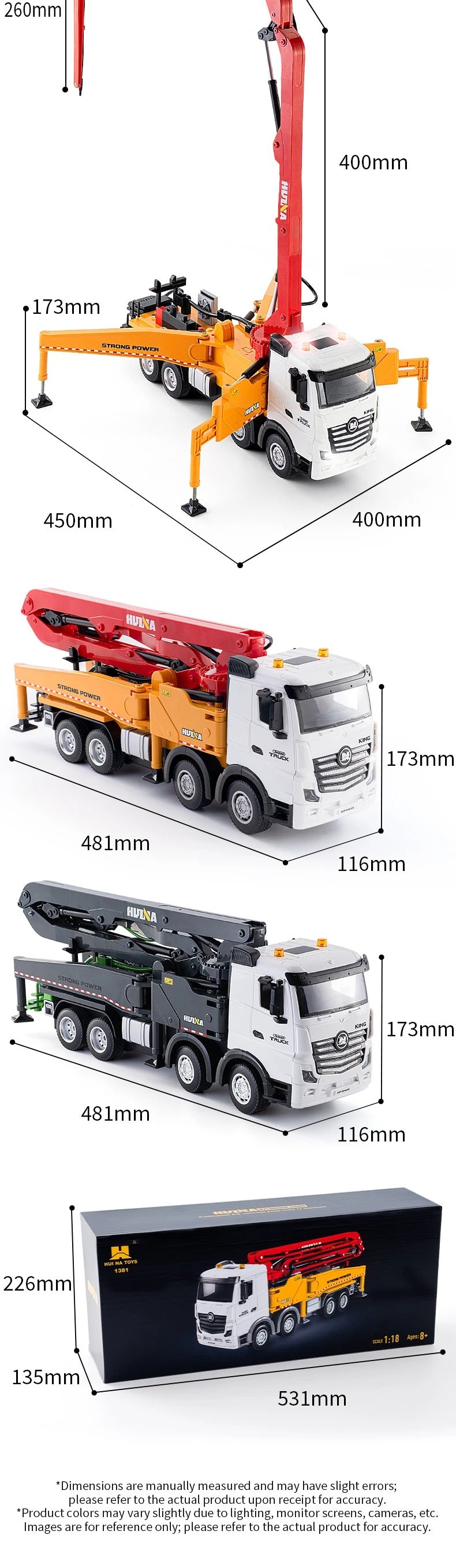 Huina 1381 - 1:18 11CH RC Concrete Pump Truck, 2.4GHz Remote-Control Construction Vehicle with Rotating Pump Arm, One-Key Water Spray, LED Lights, Sound Effects, Rechargeable Battery Included description image 8