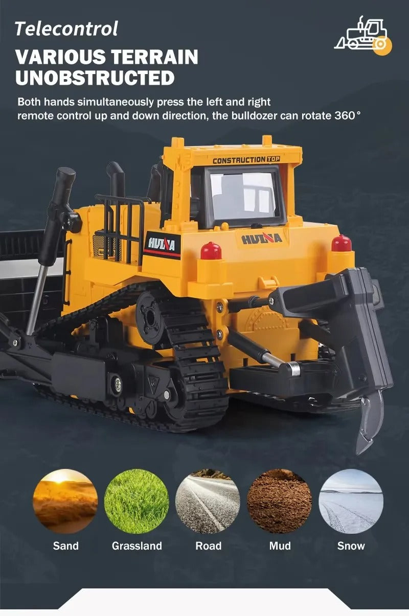 Huina 1554 - 1:16 11CH RC Bulldozer, Semi-Alloy Tracked Earthmover with 2.4GHz Remote Control, Motorized Metal Blade, Rear Ripper, LED Lights, Sound Effects, Rechargeable 3.7V 900mAh Battery description image 8