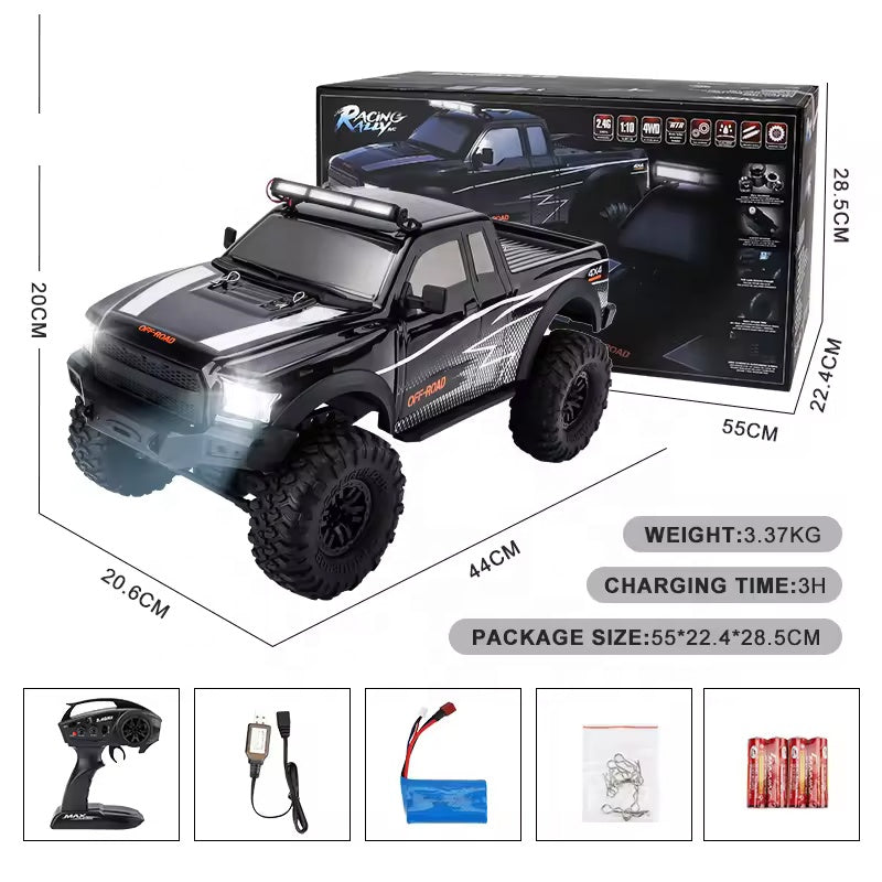 HB Toys HB-ZP1009 - 1:10 Scale 4WD RC Off-Road Climbing Truck, 15 km/h Remote Control Pickup with 540 Brushed Motor, 2.4GHz Control, LED Lights, IPX4 Splash Resistance and 7.4V Battery