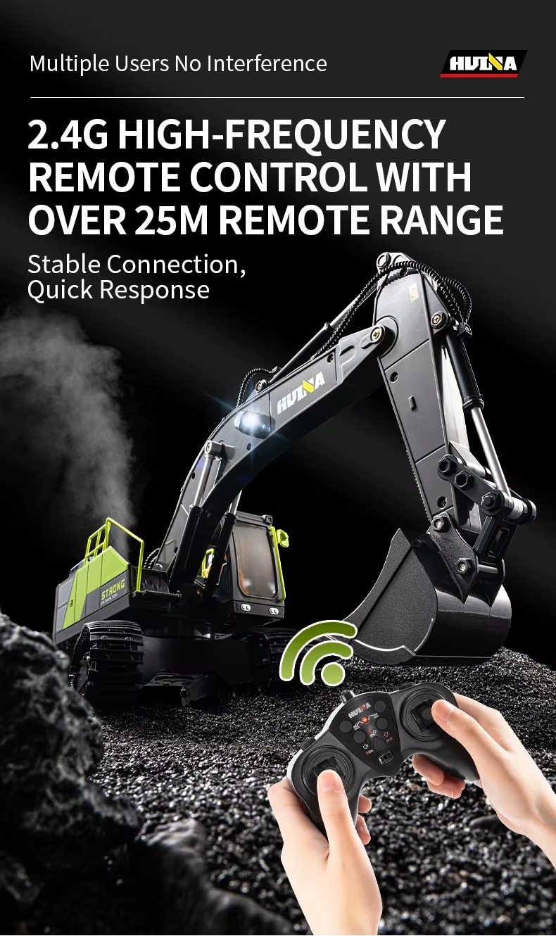 Huina 1661 - 1:18 RC Excavator | 2.4GHz 13CH Semi-Alloy Construction Digger with Alloy Bucket, Realistic Lights & Sound description image 2
