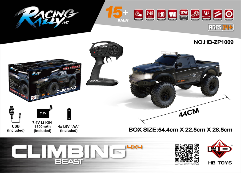 HB Toys HB-ZP1009 - 1:10 Scale 4WD RC Off-Road Climbing Truck, 15 km/h Remote Control Pickup with 540 Brushed Motor, 2.4GHz Control, LED Lights, IPX4 Splash Resistance and 7.4V Battery