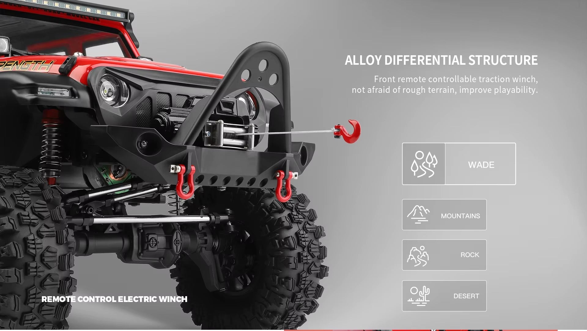 WLtoys 104006 - 1:10 4WD RC Rock Crawler, 2.4GHz Digital Display Remote, 550 Brushed Motor, 2-Speed Gearbox, Front & Rear Differential Locks, Portal Axles, Electric Winch, LED Lights & 7.4V Battery description image 9