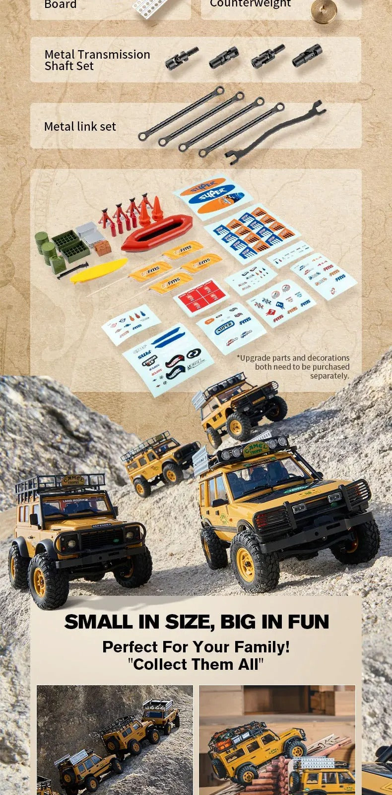 FMS FCX24M - 1:24 Land Rover Range Rover Camel Trophy RC Crawler, 4WD, ABS Hard Body, 050 35T Brushed Motor, 2-Speed Transmission, Metal Chassis Rails, Oil-Filled Shocks, 2.4GHz Radio, 2S Battery description image 9