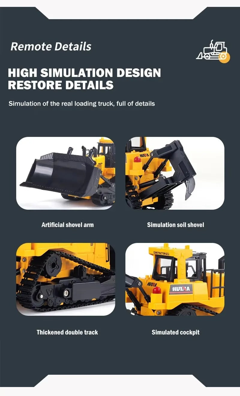 Huina 1554 - 1:16 11CH RC Bulldozer, Semi-Alloy Tracked Earthmover with 2.4GHz Remote Control, Motorized Metal Blade, Rear Ripper, LED Lights, Sound Effects, Rechargeable 3.7V 900mAh Battery description image 10