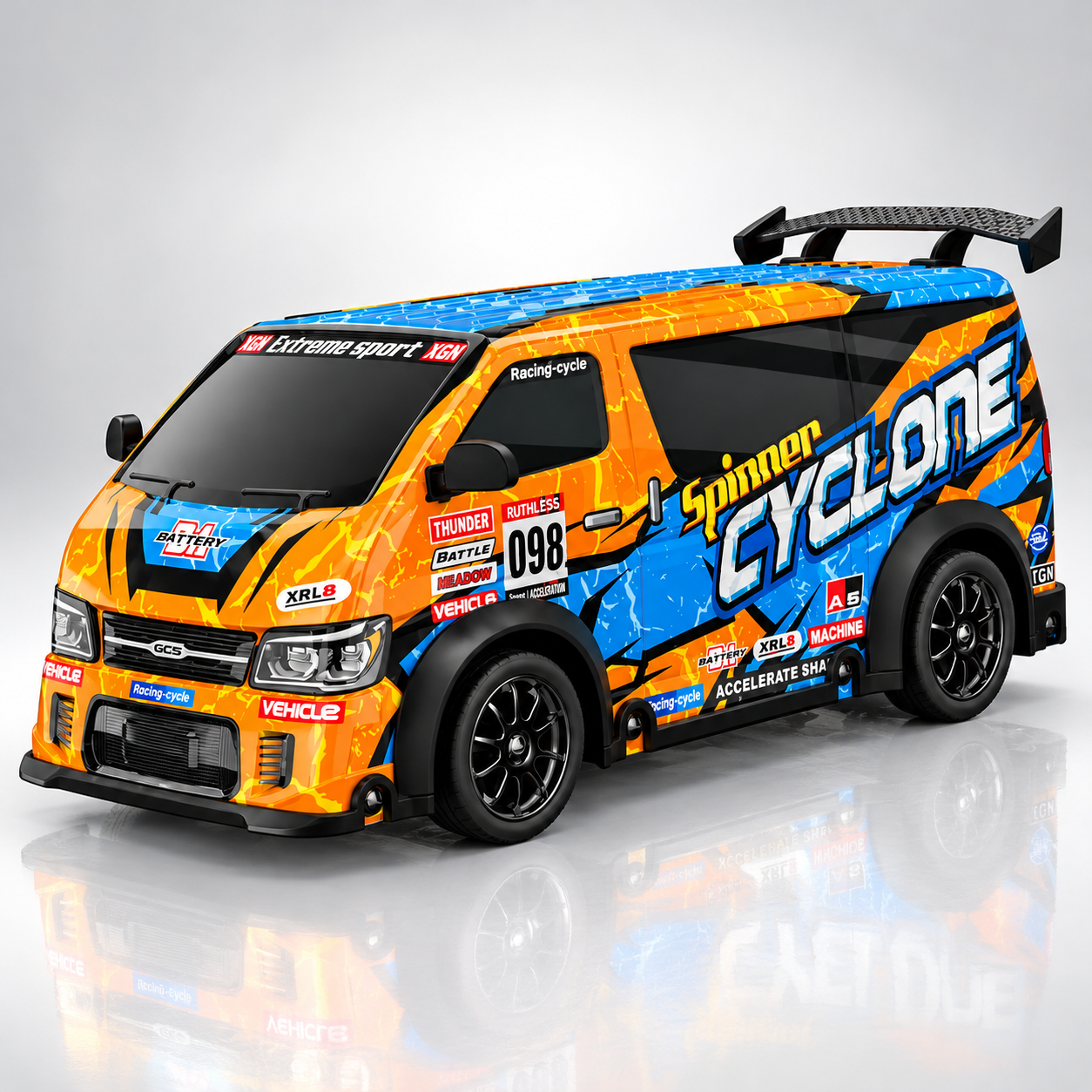 HR 2159 - 1:24 Scale 2.4GHz RC Drift Racing Van, Spinner Cyclone High-Speed Remote Control Car with LED Lights, Rechargeable Battery, USB Charging, 4 Spare Tires, 4 Cones & Drift Racing Accessories
