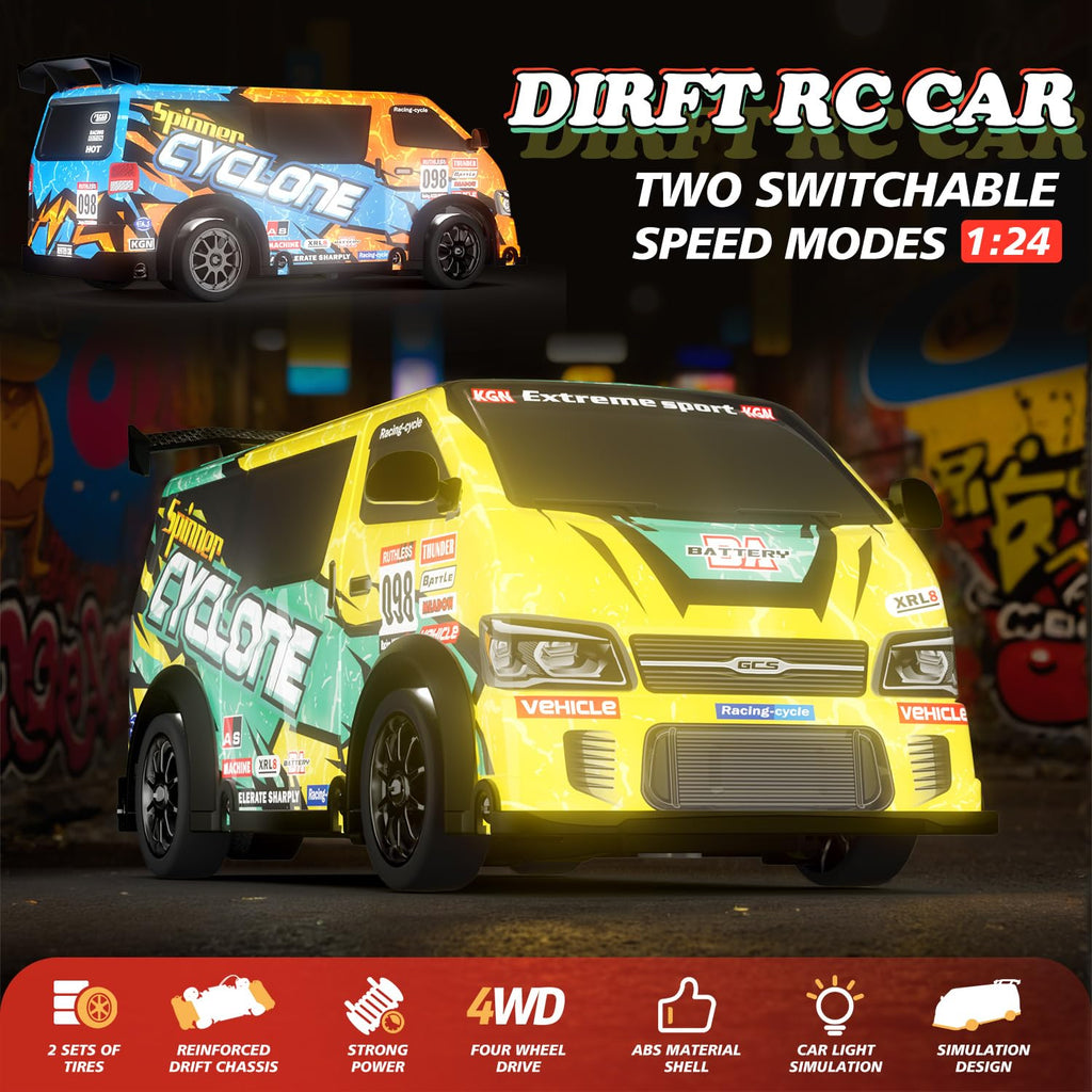 HR 2159 - 1:24 Scale 2.4GHz RC Drift Racing Van, Spinner Cyclone High-Speed Remote Control Car with LED Lights, Rechargeable Battery, USB Charging, 4 Spare Tires, 4 Cones & Drift Racing Accessories
