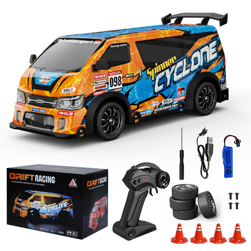 HR 2159 - 1:24 Scale 2.4GHz RC Drift Racing Van, Spinner Cyclone High-Speed Remote Control Car with LED Lights, Rechargeable Battery, USB Charging, 4 Spare Tires, 4 Cones & Drift Racing Accessories