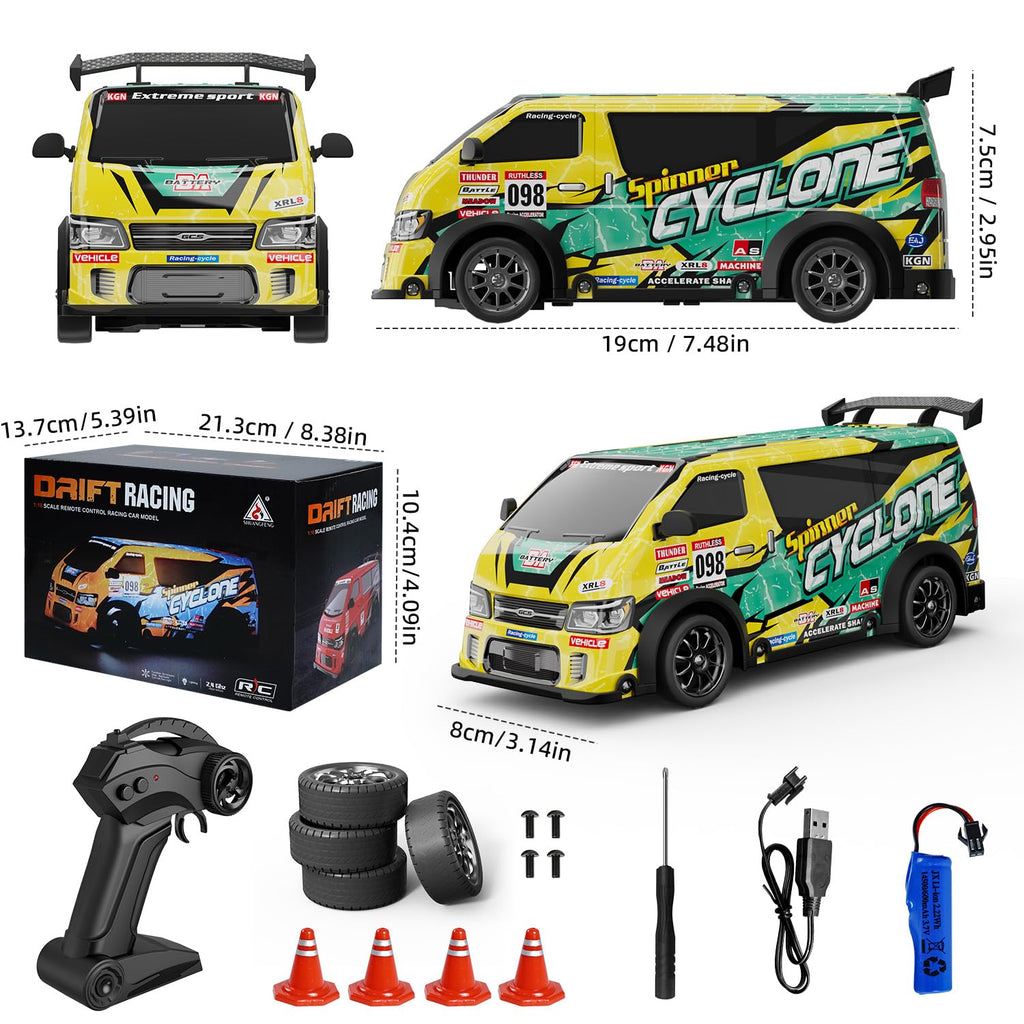 HR 2159 - 1:24 Scale 2.4GHz RC Drift Racing Van, Spinner Cyclone High-Speed Remote Control Car with LED Lights, Rechargeable Battery, USB Charging, 4 Spare Tires, 4 Cones & Drift Racing Accessories