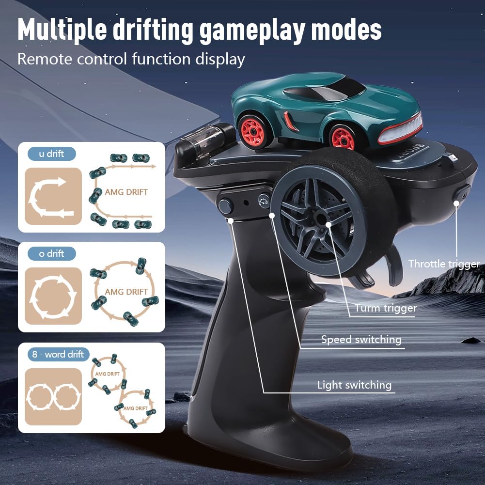 1:64 4WD Mini RC Drift Car with Pistol Remote - 2.4GHz High-Speed Desktop Racing Car with LED Lights & Precision Drift Control