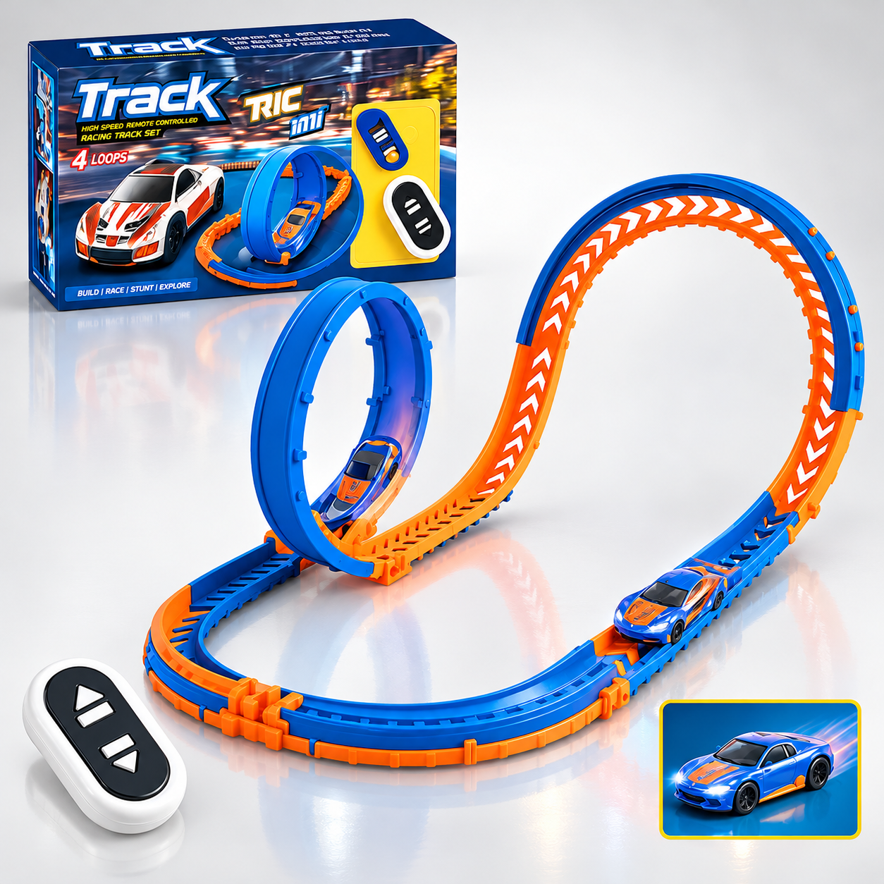 FT-68 4-Loop 360° RC Racing Track Set with Remote Control Car, Flexible DIY Track, Looping Stunt Race Circuit, High-Speed Toy Vehicle, Portable Track Playset for Kids, Boys & Girls