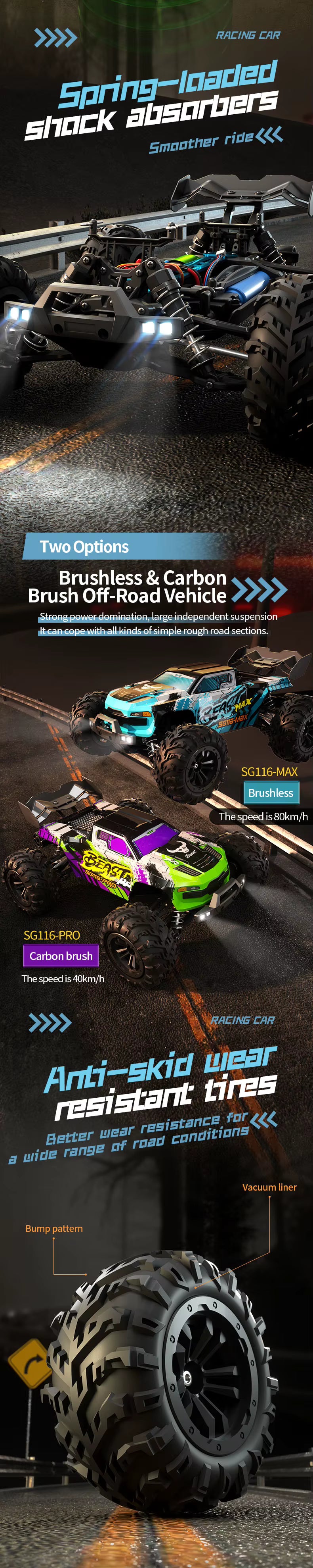 Beast SG116-PRO Brushed Rc Car 1/16 4wd High Speed 40km/h Racing Car Vehicle Toys for Kids 35 Mins Racing Time Sg116 description image 3