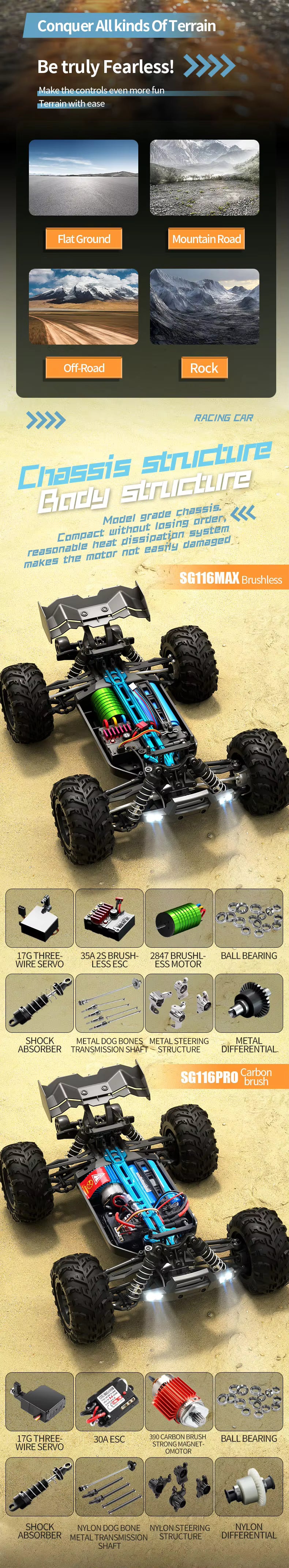 Beast SG116-PRO Brushed Rc Car 1/16 4wd High Speed 40km/h Racing Car Vehicle Toys for Kids 35 Mins Racing Time Sg116 description image 4