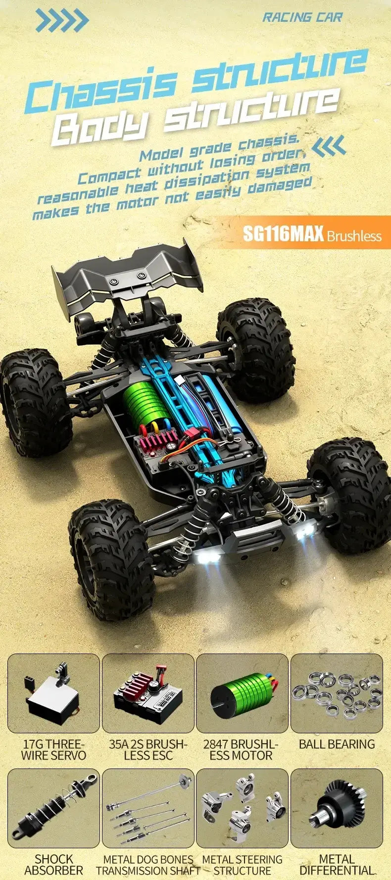 ZLL Beast SG116 PRO - 1:16 4WD High-Speed RC Monster Truck, 2.4GHz Full Proportional Off-Road Racing Car with LED Lights