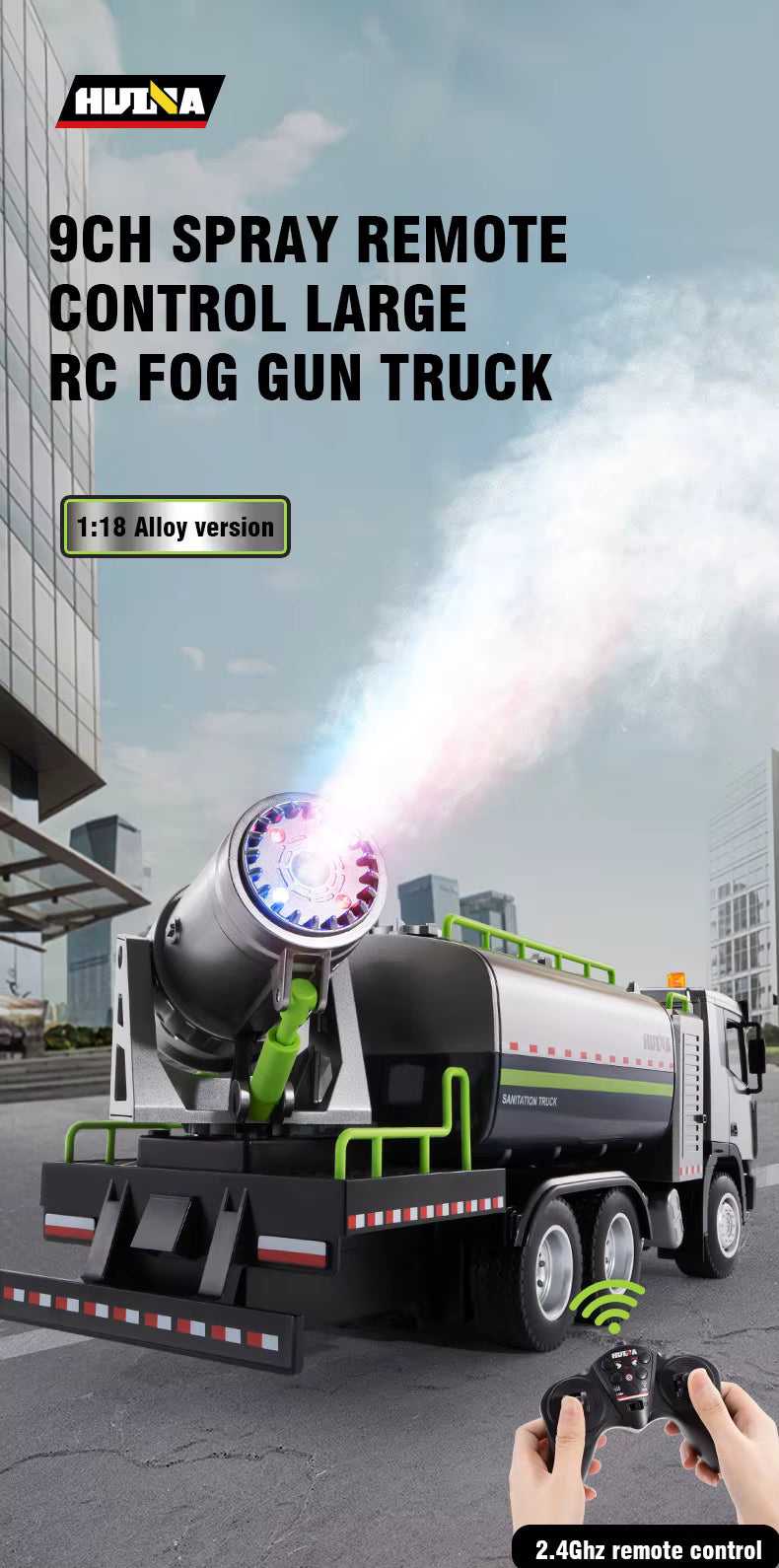 Huina 1316 1/18 Semi-alloy RC Mist Cannon Truck 2.4G 9CH Anti-smog Vehicles description image 1
