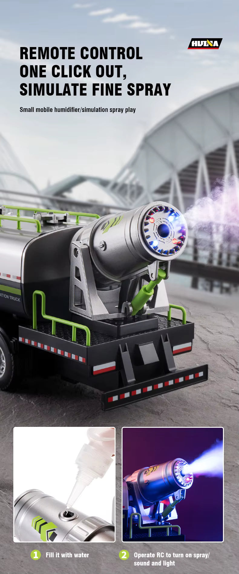 Huina 1316 1/18 Semi-alloy RC Mist Cannon Truck 2.4G 9CH Anti-smog Vehicles description image 5