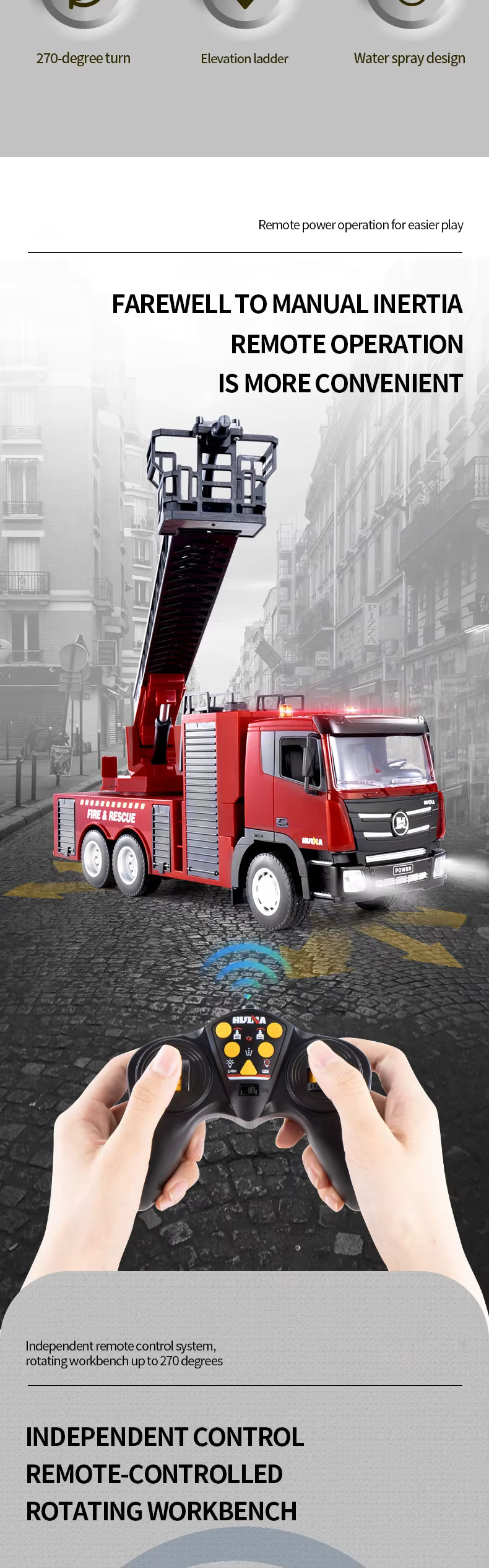 HuiNa 1361 2.4G Rc Spraying Water Fire Engine 1-18 9CH Lifting Ladder Fire Truck description image 1