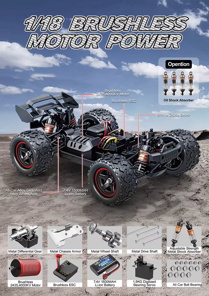 High Speed 52km/h RC Car 2.4GHz 1/18 Brushless 4X4 Off-Road description image 3