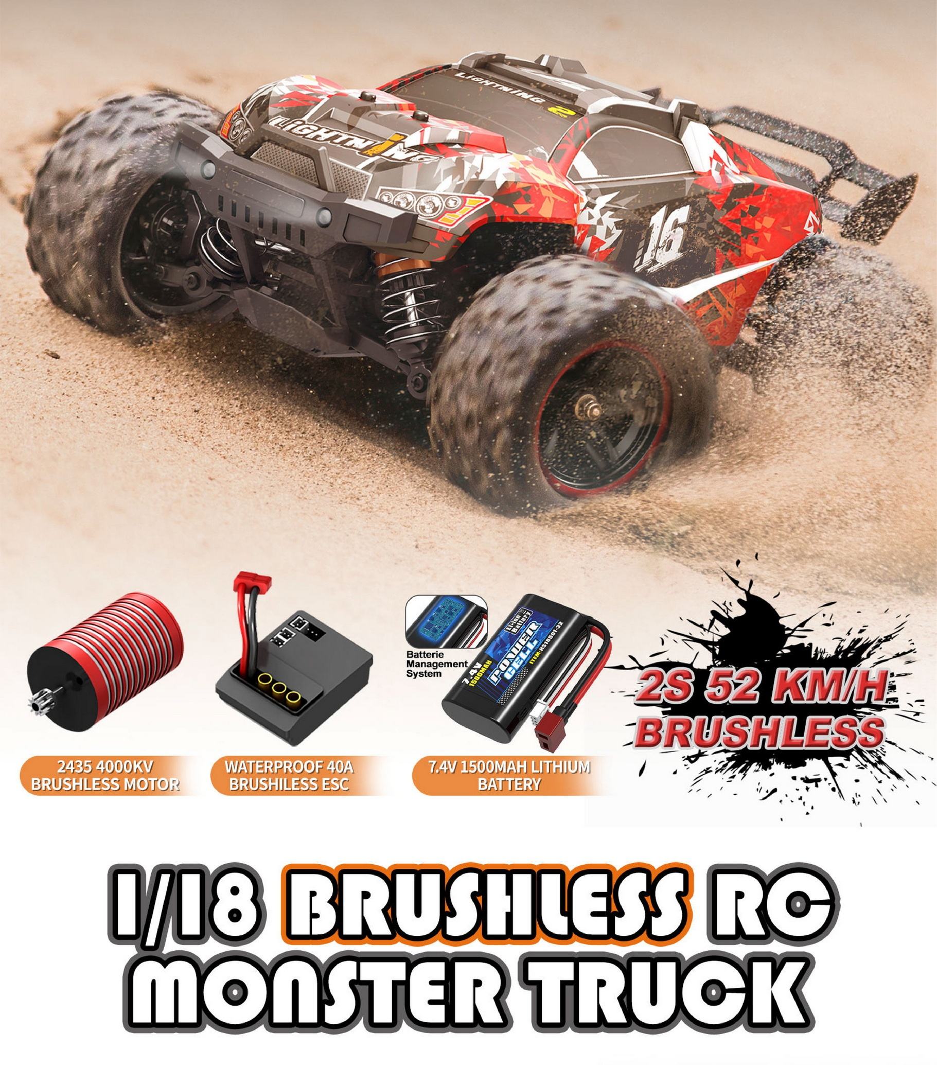 Hospeed 18421 - 1:18 Brushless RC Monster Truck - 4WD 2.4GHz 52km/h High-Speed Off-Road Racing Car with RTR Battery