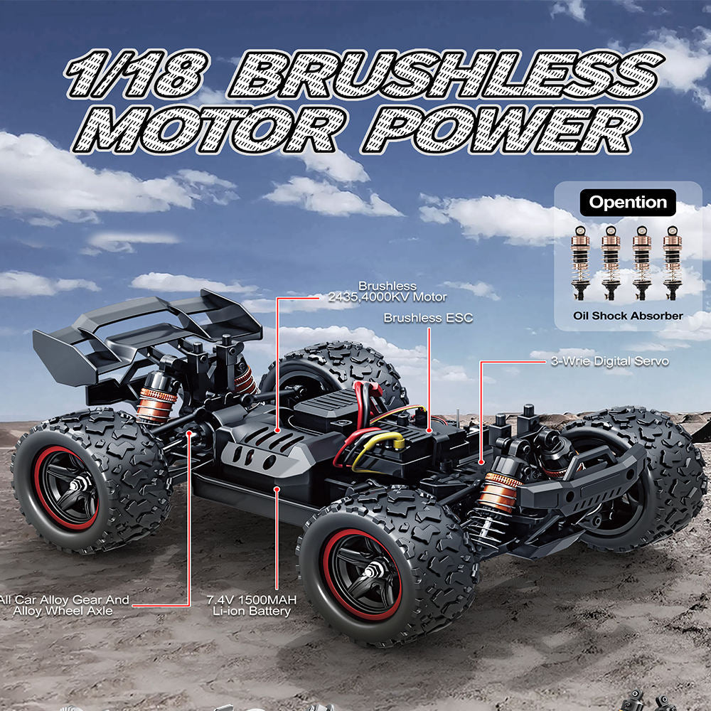Hospeed 18421 - 1:18 Brushless RC Monster Truck - 4WD 2.4GHz 52km/h High-Speed Off-Road Racing Car with RTR Battery