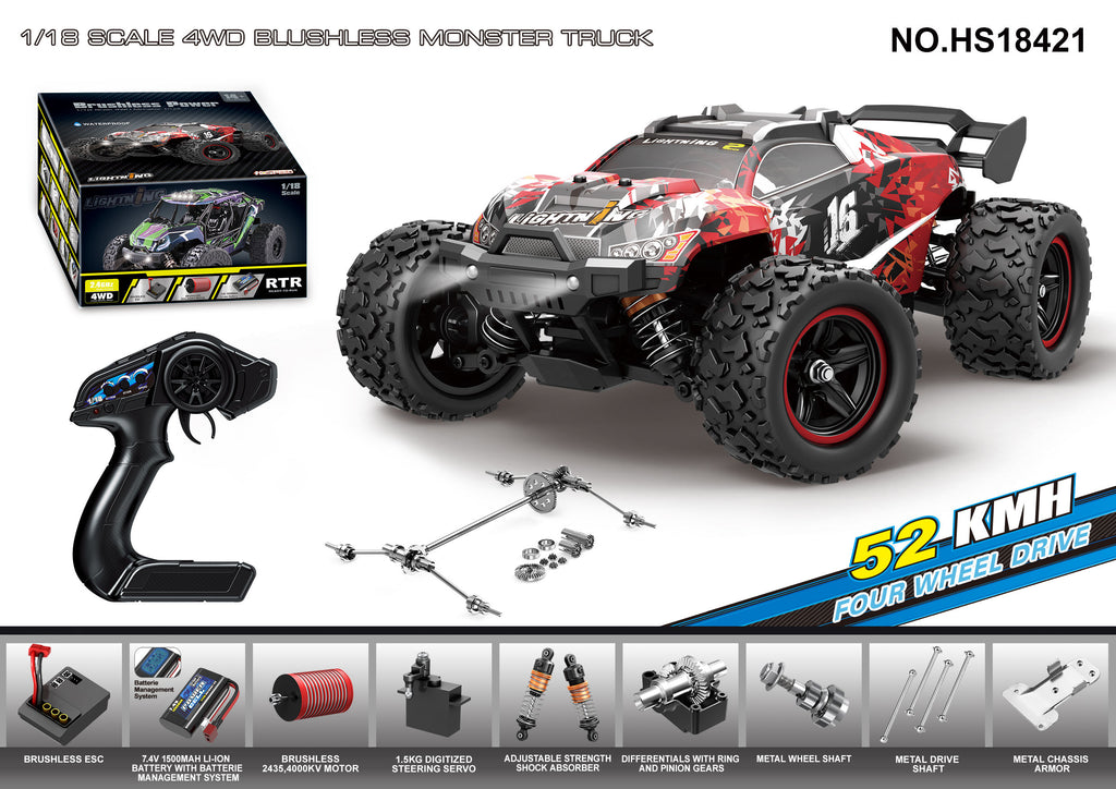 Hospeed 18421 - 1:18 Brushless RC Monster Truck - 4WD 2.4GHz 52km/h High-Speed Off-Road Racing Car with RTR Battery