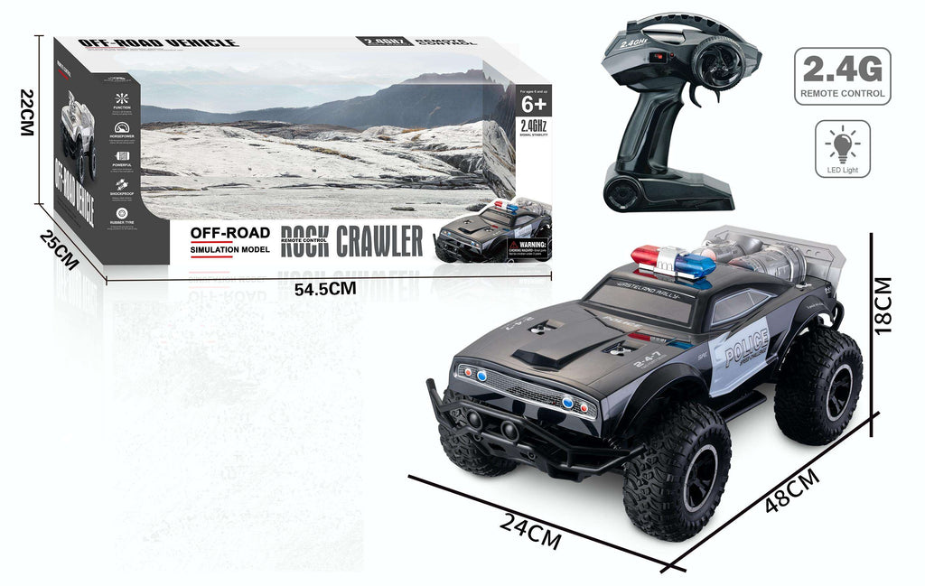 1:8 Scale - 2.4GHz Large RC Off Road Rock Crawler Police Monster Truck with LED Lights Remote Control Toy for Kids