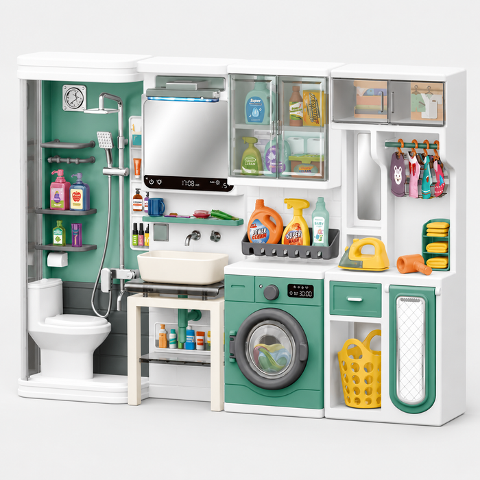 Realistic Bathroom & Laundry Room Play Set for Kids | Multi-Functional Miniature Home Set with Washing Machine, Shower, Toilet & Storage Accessories for Pretend Play (Age 3+)