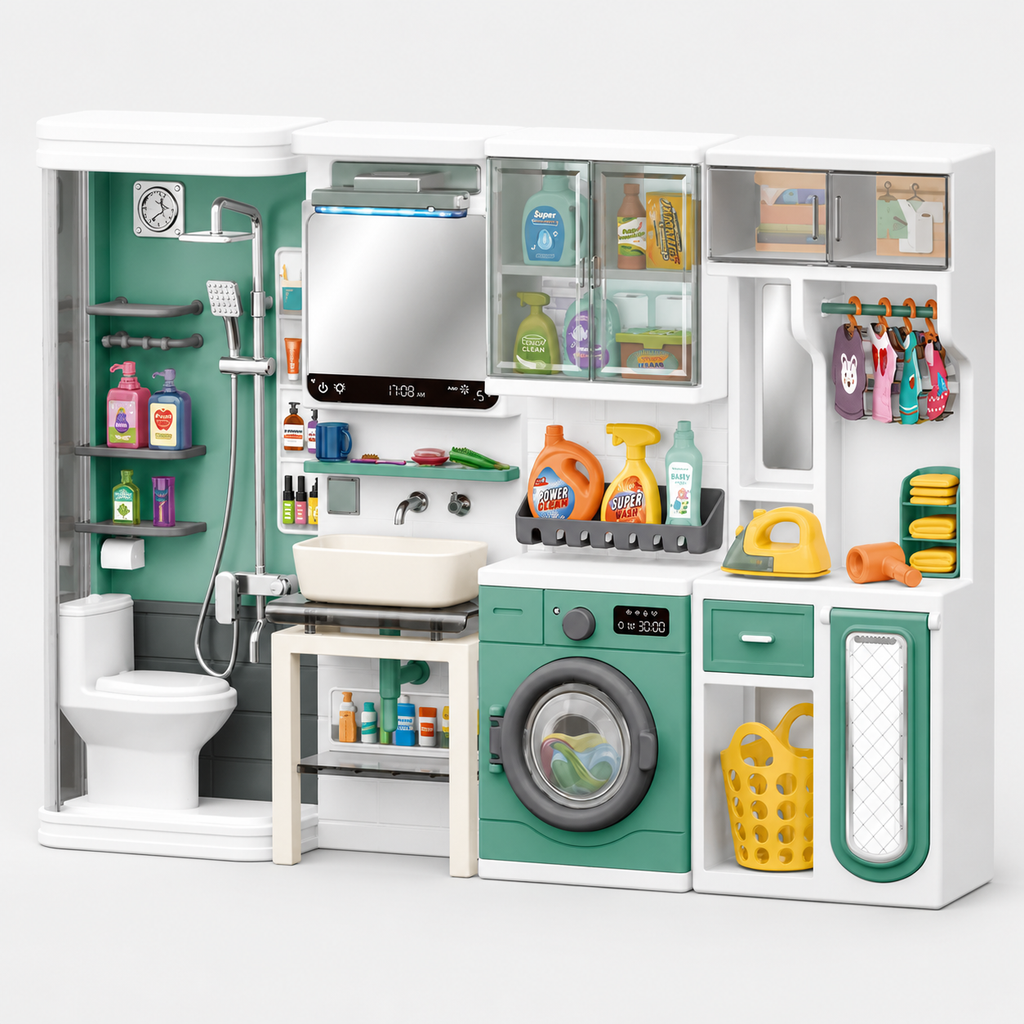 Realistic Bathroom & Laundry Room Play Set for Kids | Multi-Functional Miniature Home Set with Washing Machine, Shower, Toilet & Storage Accessories for Pretend Play (Age 3+)
