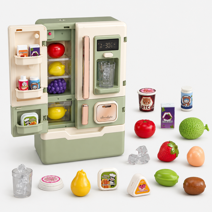 28PCS Interactive Smart Refrigerator Play Set for Kids | Realistic Toy Fridge with Spray Mist, Water Dispenser, LED Lights, Music, Ice Cubes, Fruits & Food Accessories | Educational Pretend Play Toy Age 3+