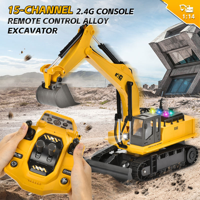 678 - 1:14 Scale 15-Channel RC Alloy Excavator | 2.4GHz Full Function Remote Control Construction Digger with 680° Rotation, Lights & Sound - 8080E