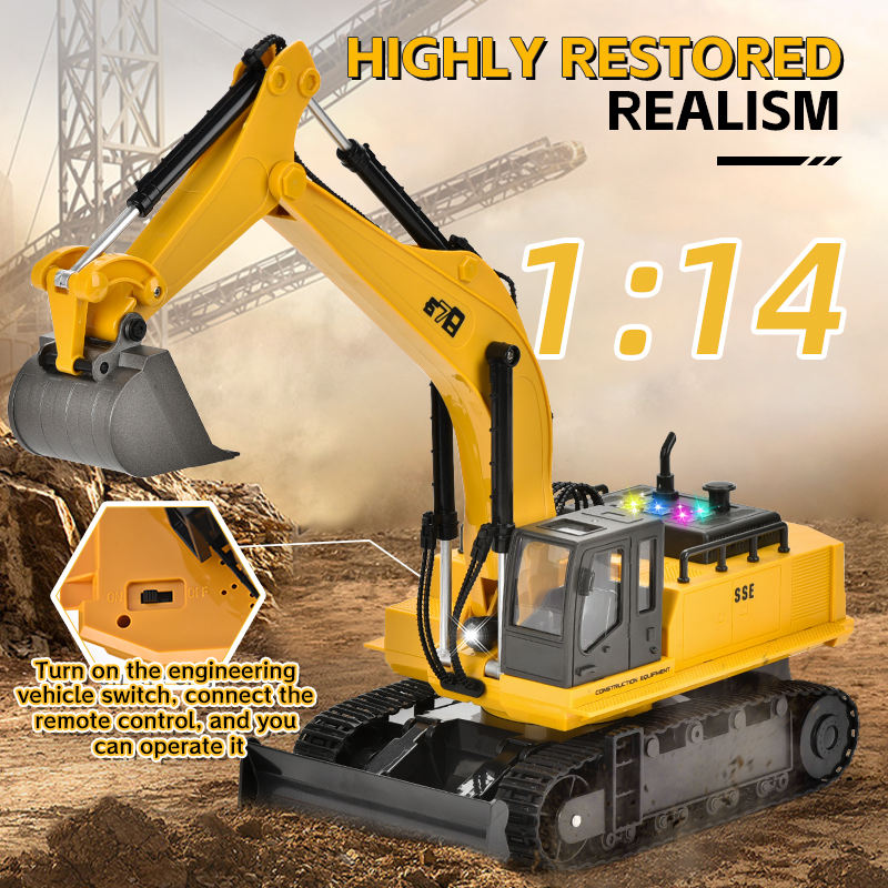 678 - 1:14 Scale 15-Channel RC Alloy Excavator | 2.4GHz Full Function Remote Control Construction Digger with 680° Rotation, Lights & Sound - 8080E