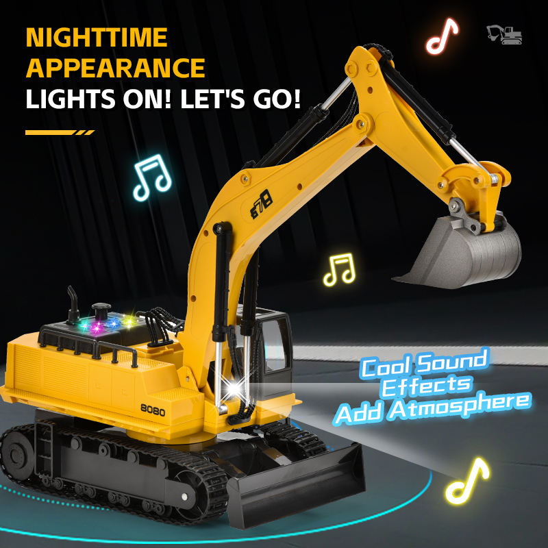 678 - 1:14 Scale 15-Channel RC Alloy Excavator | 2.4GHz Full Function Remote Control Construction Digger with 680° Rotation, Lights & Sound - 8080E