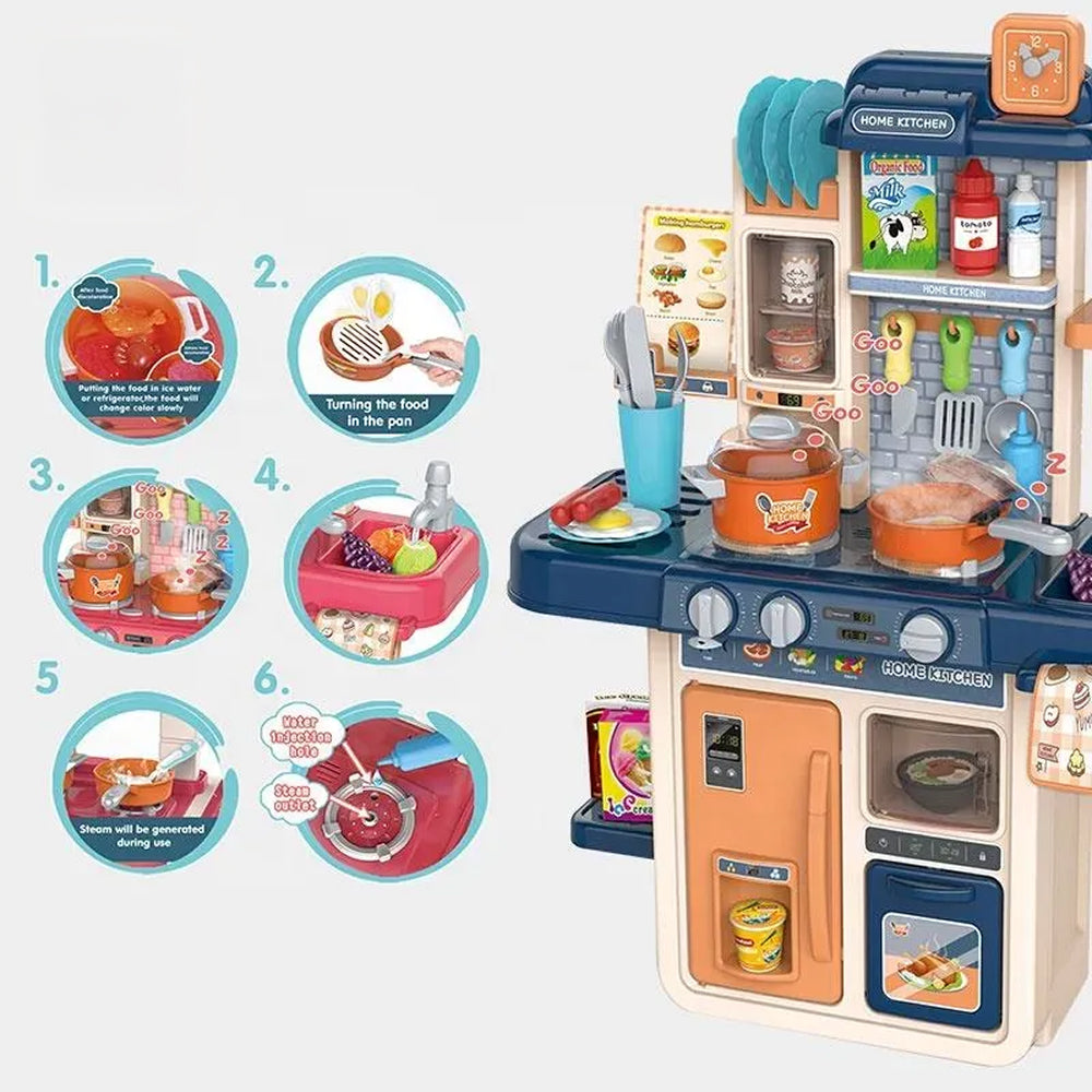 Kitchen Spray Boiling Water Play Set for Kids | Interactive Steam Cooking Station with Realistic Water Sink, Oven, Lights, Sounds & Kitchen Accessories (Blue) - MJL-908B