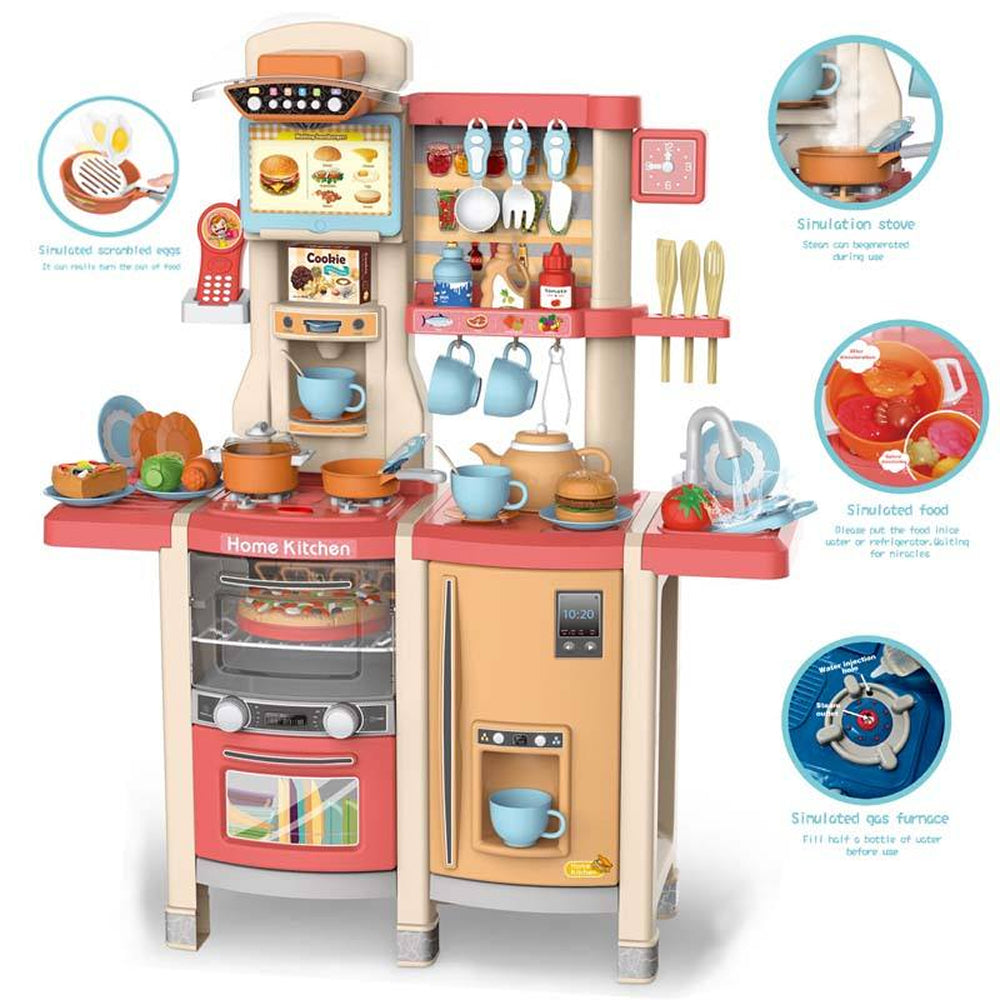 100CM Large Steam Kitchen Play Set for Kids | Interactive Cooking Station with Realistic Steam Effect, Water Circulation Sink, Oven, Refrigerator & Kitchen Accessories (Age 3+) (Pink) - MJL-87