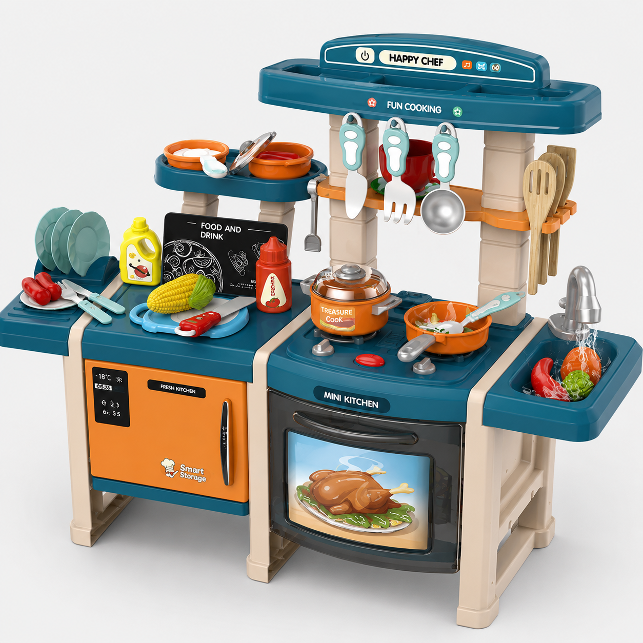 70CM Smart Kitchen Play Set with Real Mist Spray for Kids | Interactive Cooking Station with Water Sink, Oven, Stove, Lights, Sounds & Kitchen Accessories (Blue) - MJL-712