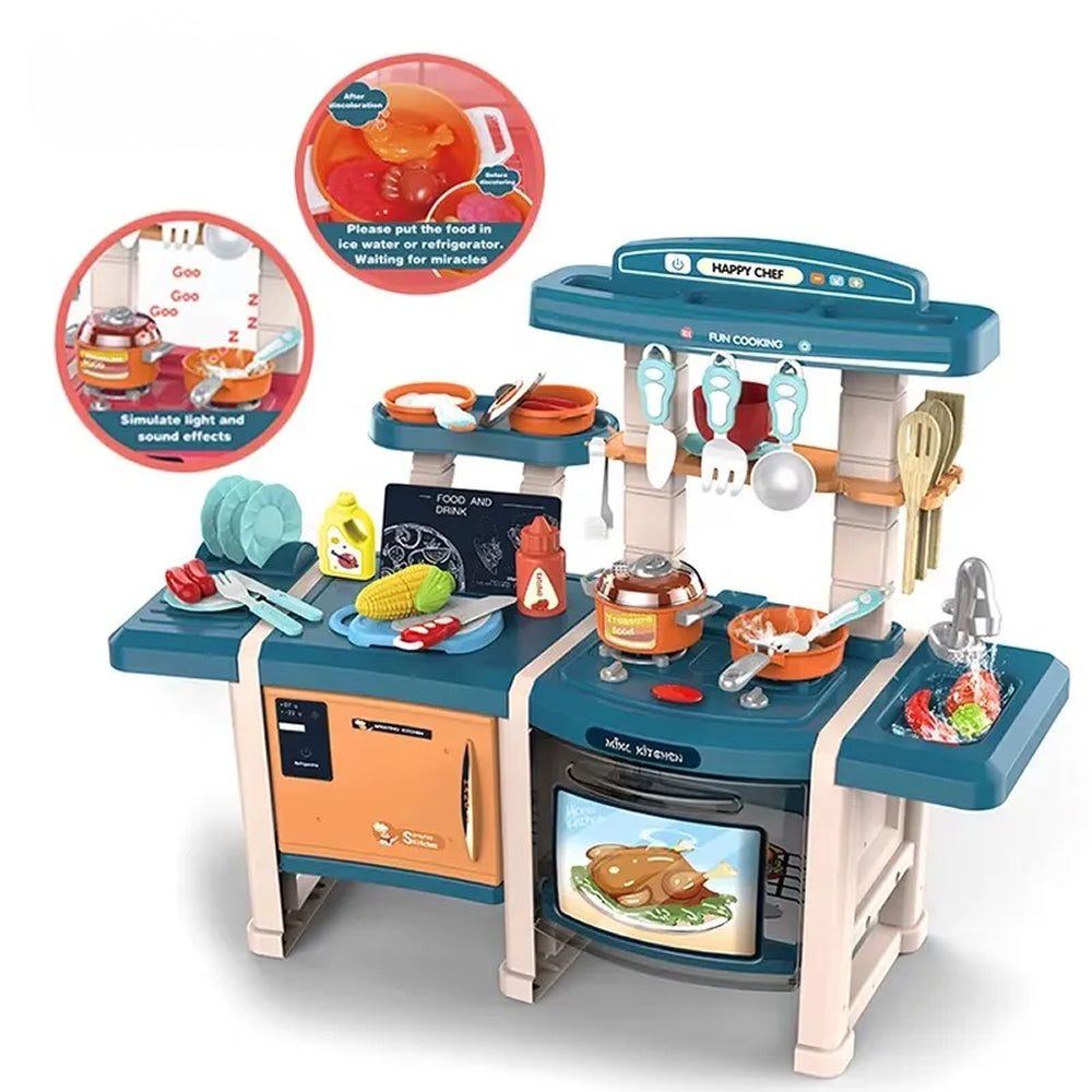 70CM Smart Kitchen Play Set with Real Mist Spray for Kids | Interactive Cooking Station with Water Sink, Oven, Stove, Lights, Sounds & Kitchen Accessories (Blue) - MJL-712