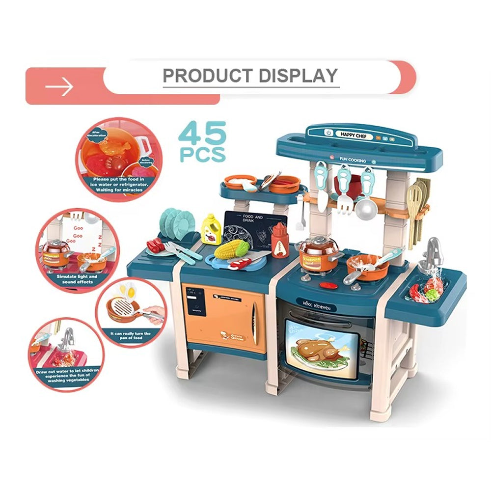 70CM Smart Kitchen Play Set with Real Mist Spray for Kids | Interactive Cooking Station with Water Sink, Oven, Stove, Lights, Sounds & Kitchen Accessories (Blue) - MJL-712