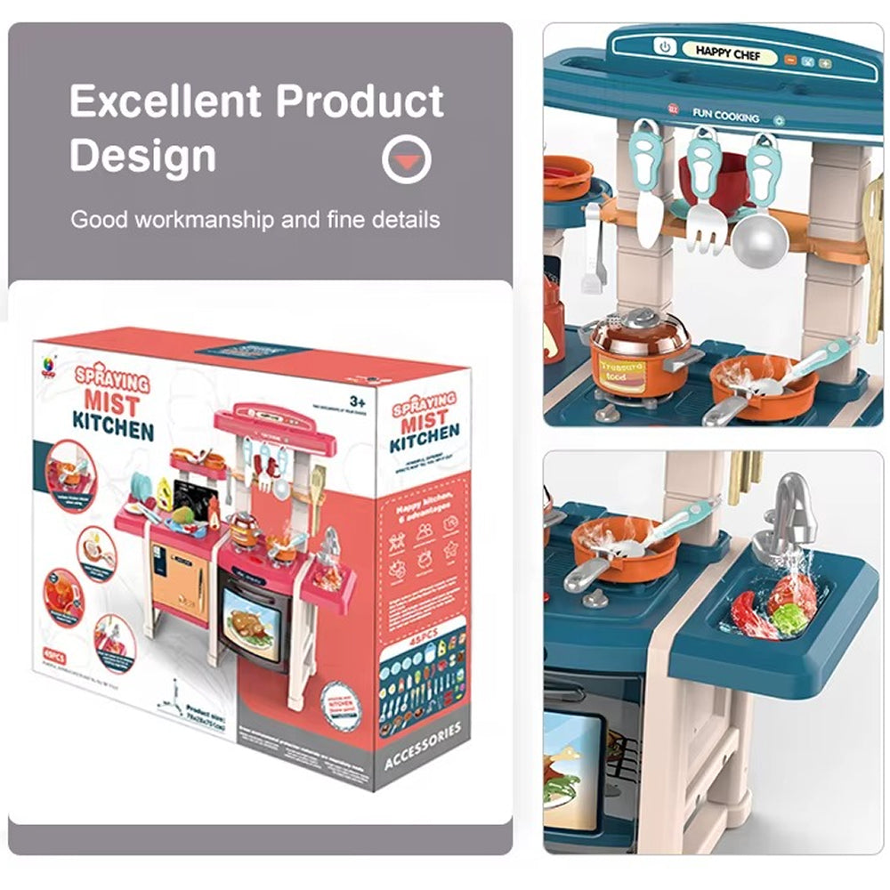 70CM Smart Kitchen Play Set with Real Mist Spray for Kids | Interactive Cooking Station with Water Sink, Oven, Stove, Lights, Sounds & Kitchen Accessories (Blue) - MJL-712