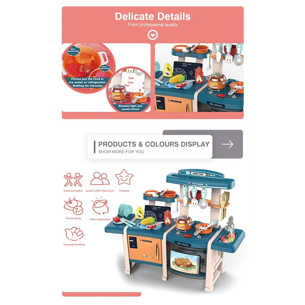 70CM Smart Kitchen Play Set with Real Mist Spray for Kids | Interactive Cooking Station with Water Sink, Oven, Stove, Lights, Sounds & Kitchen Accessories (Blue) - MJL-712