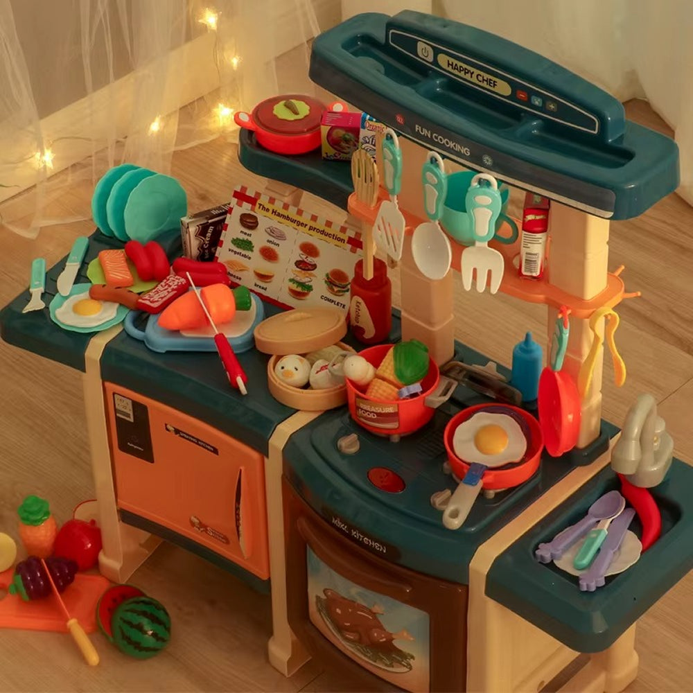 70CM Smart Kitchen Play Set with Real Mist Spray for Kids | Interactive Cooking Station with Water Sink, Oven, Stove, Lights, Sounds & Kitchen Accessories (Blue) - MJL-712