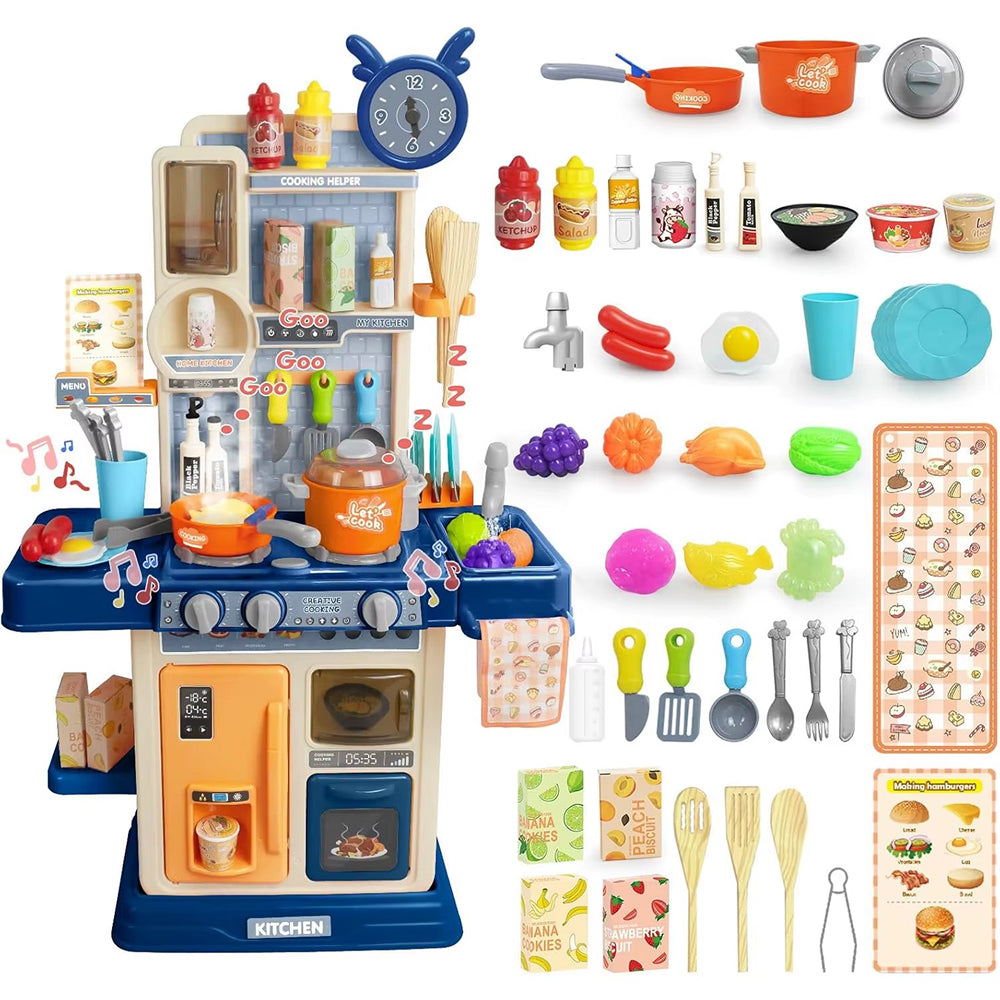 75CM Smart Kitchen Play Set for Kids | Interactive Cooking Station with Oven, Gas Stove, Sink, Kitchen Accessories & Pretend Play Food Set (Blue) - MJL-802