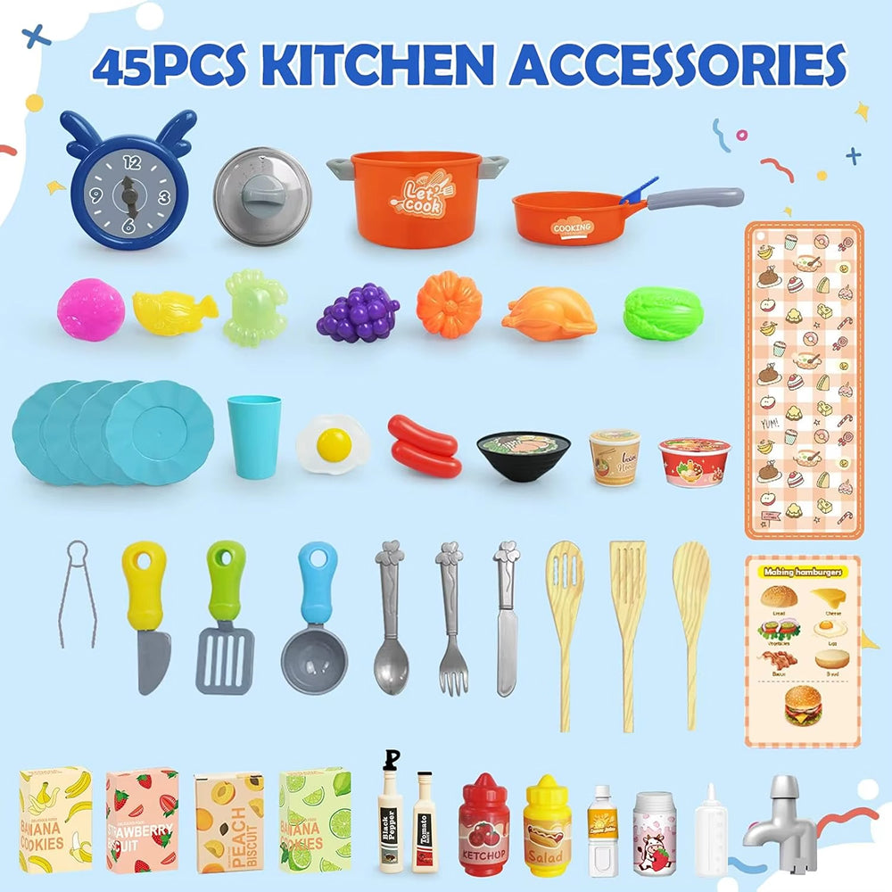 75CM Smart Kitchen Play Set for Kids | Interactive Cooking Station with Oven, Gas Stove, Sink, Kitchen Accessories & Pretend Play Food Set (Blue) - MJL-802