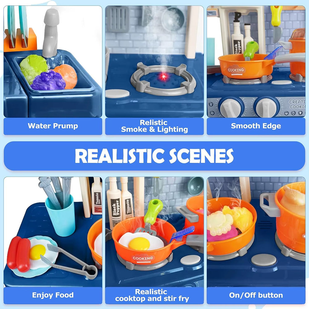 75CM Smart Kitchen Play Set for Kids | Interactive Cooking Station with Oven, Gas Stove, Sink, Kitchen Accessories & Pretend Play Food Set (Blue) - MJL-802
