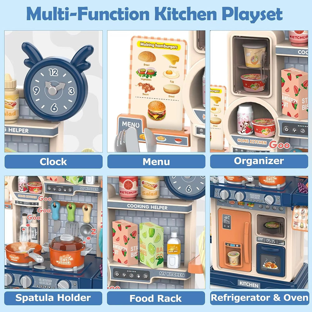 75CM Smart Kitchen Play Set for Kids | Interactive Cooking Station with Oven, Gas Stove, Sink, Kitchen Accessories & Pretend Play Food Set (Blue) - MJL-802
