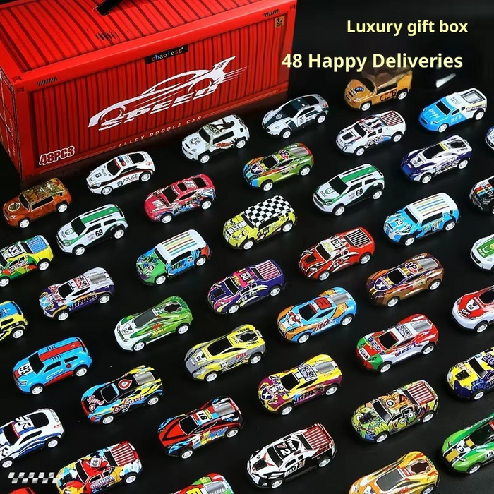 48PCS Mini Pull Back Car Set for Kids | Friction Powered Assorted Racing Toy Vehicles with Luxury Container Storage Gift Box, Foldable Road Play Mat & Mini Car Collection | Age 3+