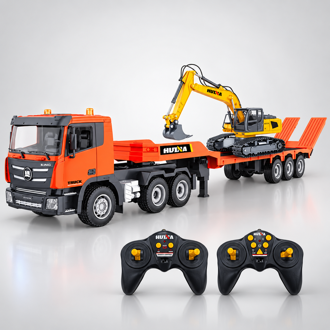 Huina 1319 - 1:18 RC Low Bed Trailer Truck with Excavator - 2.4GHz Full Function Construction Transport Combo Set with Dual Remote Control RTR