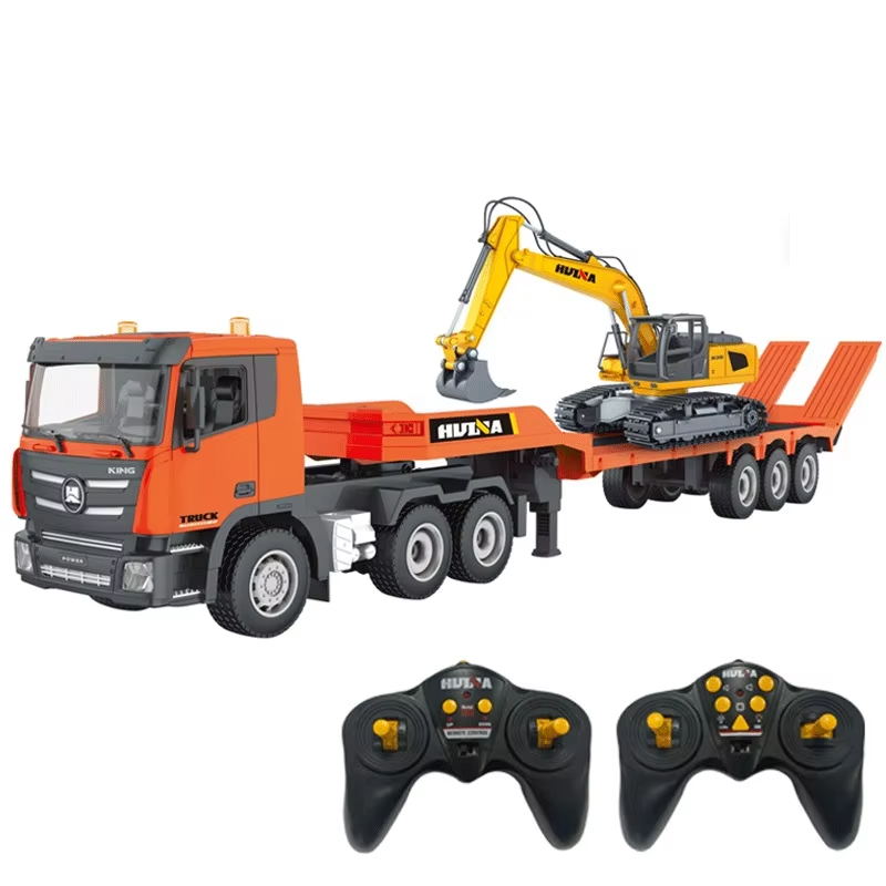 Huina 1319 - 1:18 RC Low Bed Trailer Truck with Excavator - 2.4GHz Full Function Construction Transport Combo Set with Dual Remote Control RTR